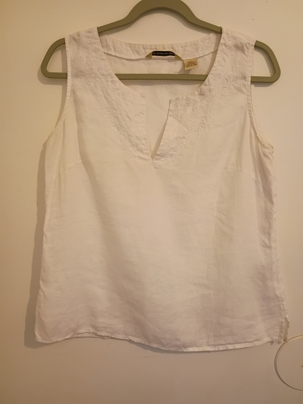Ecologie Women's White Linen Embroidered V-Notch Tank Top Sz L‎